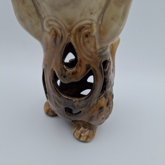 MCM Ceramic Cat Figurine Collectible Artist Handmade 7" Tall Brown Hollow Beging - Picture 3 of 10